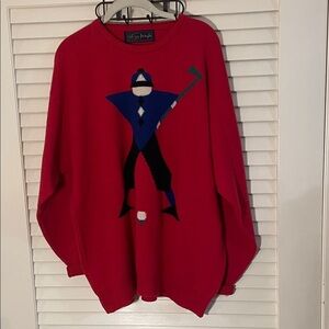 Nick Faldo Pringle Vintage Red and Blue Person Playing Golf Sweater Unisex